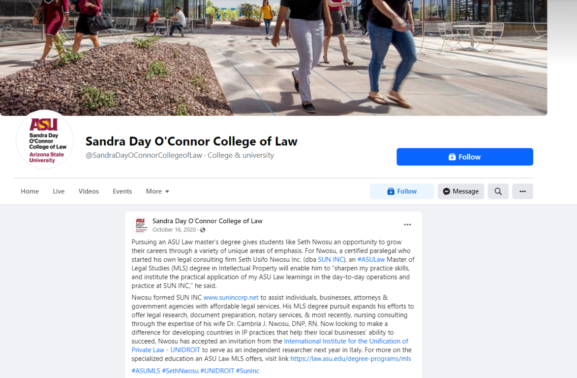 SUN, INC. Featured in ASU Sandra Day O'Conner College of Law Article Facebook